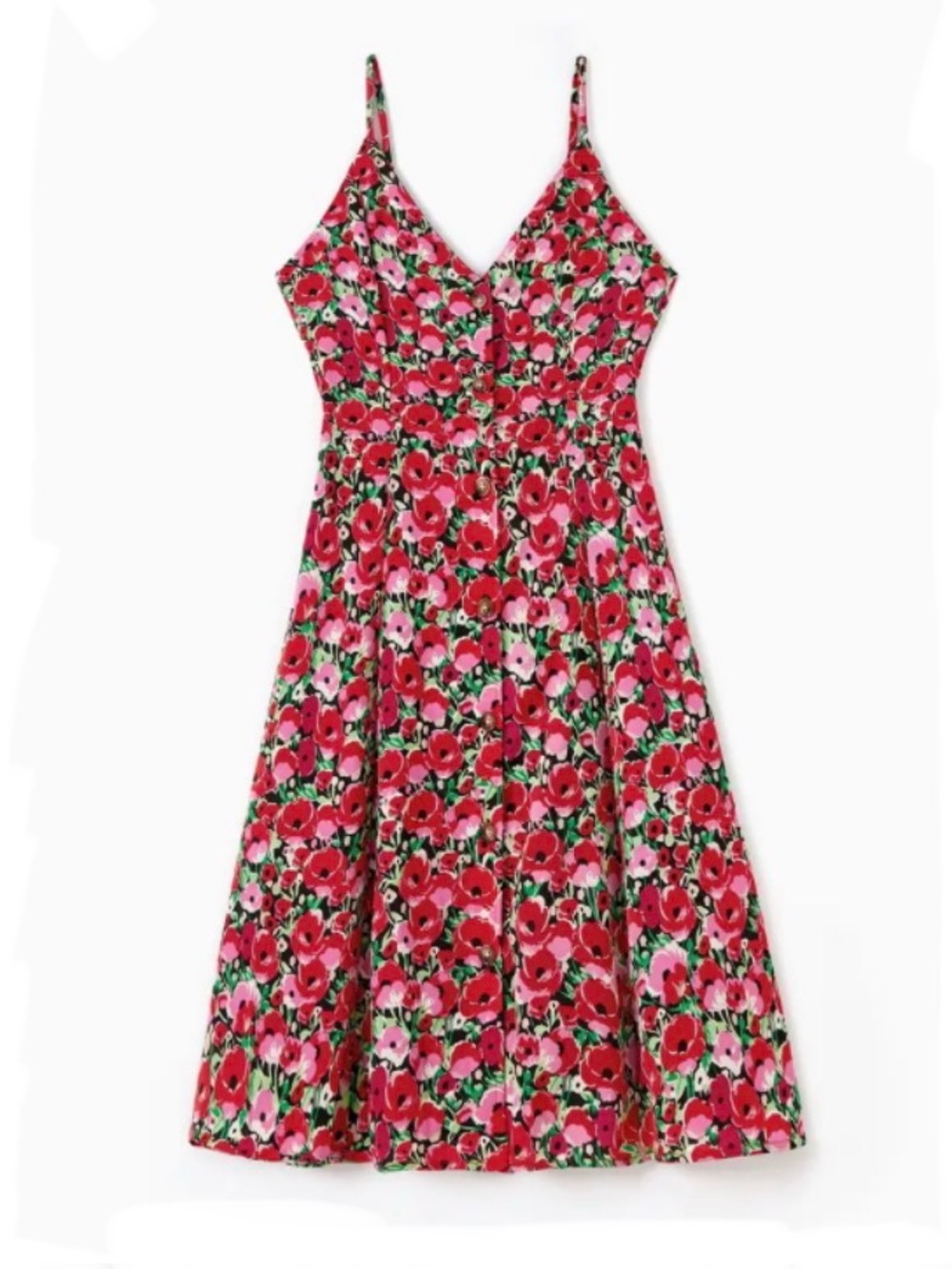PatPat Red and Pink Floral Front Button Spaghetti-Strap Midi Dress, Size M